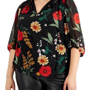 Bar III Black Floral 3/4 Sleeve V-Neck Blouse